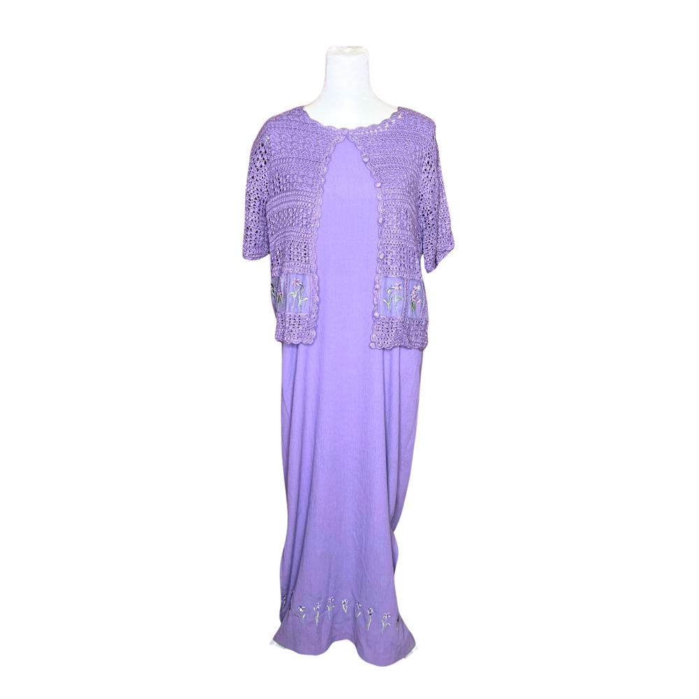 Vtg Dress Barn 2-Piece Crochet Cardigan Maxi Dress 6 Cottagecore Whimsical Boho